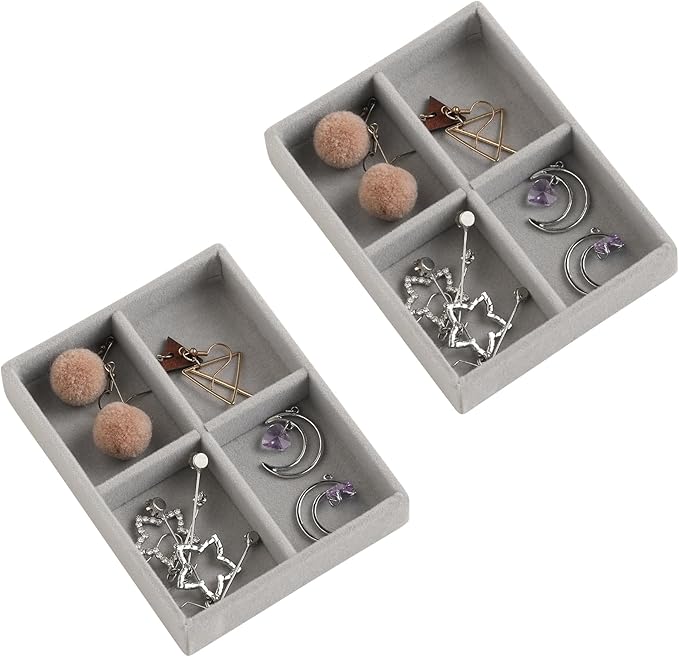 Frebeauty Small Jewelry Tray Set,Stackable Velvet Jewelry Organizer Tray,Mini Jewelry Drawer Organizer,Drawer Inserts,4.92 x 3.74 x 0.9 Inches,4 Grid Earring Organizer for Women(Set 2,Grey)