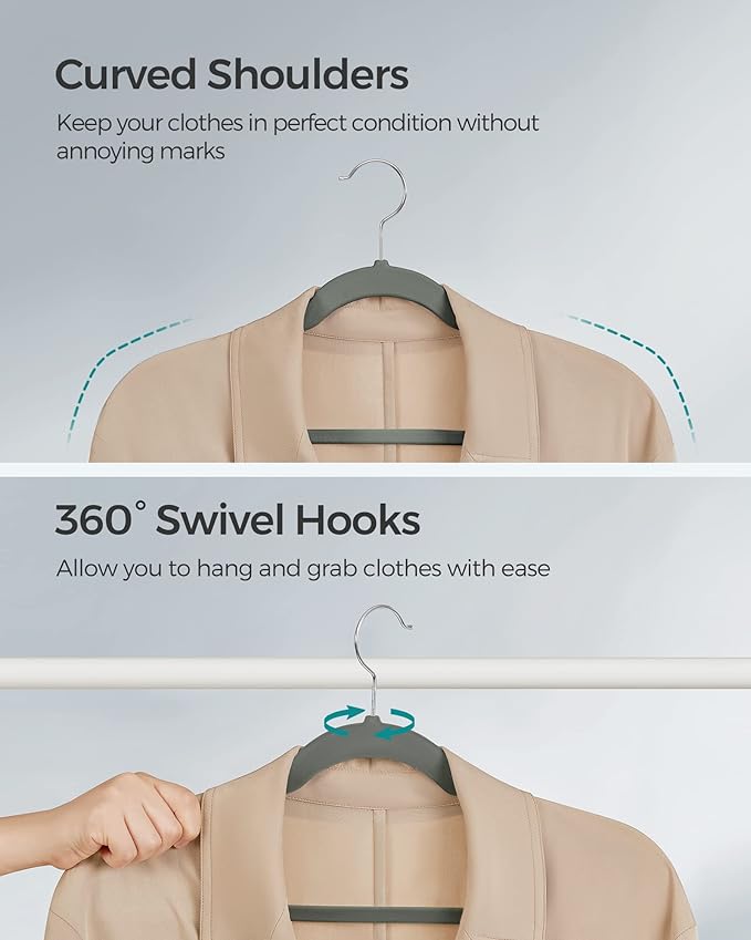 SONGMICS Velvet Hangers 30 Pack, Non-Slip Clothes Hangers, Suit Hangers with Shoulder Notches, Pants Bar, 360° Swivel Hook, Space-Saving, for Closet, Gray UCRF029V03