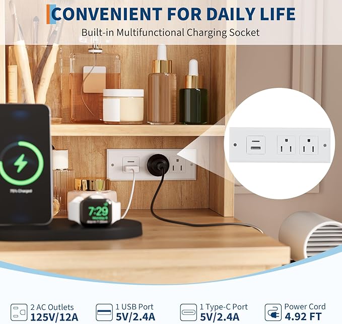 Vanity Desk with Mirror and LED Light, Vanity Desk with 4 Drawers, Power Outlet, Storage Stool, Storage Shelves & Hair Dryer Holder, Adjustable 3 Lighting Mode, Makeup Vanity Set for Bedroom, Natural