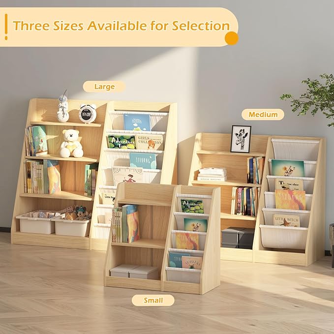 White 3 Tier Kids Bookshelf Toddler Book Rack for Book Toy Storage Organizer Children Bookcase 4 Sling Adjustable Book Display Shelf for Nursery Playroom Kids Baby Bedroom