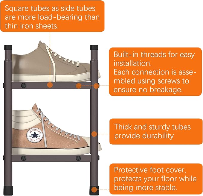 TZAMLI 2-Tier Shoe Rack for Closet, Expandable and Stackable Shoe Organizer Adjustable Metal Shoe Storage Small Shoe Shelf for Entryway Entrance, Brown