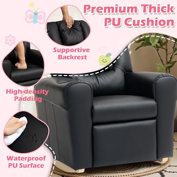 AVAWING Kids Recliner Chair with Cup Holder, Leather Toddler Recliner with Adjustable Backrest, Curved Rocking Legs and Comfy Armrests for Bedroom or Nursery (Black)