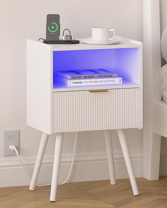 White Nightstand, Modern Bedside Table with Charging Station and LED Lights, Wood Night Stand with Drawer and Opening Storage