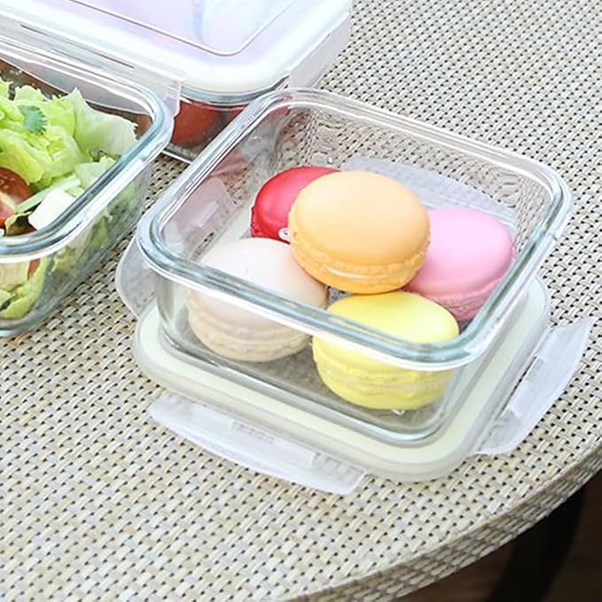 Square Glass Food Storage Containers, Small Square Storage Containers With Airtight Lids, 2Cup Glass Meal Prep Bowls, Leak-proof lunch Bowls, Dishwasher Microwave Freezer Safe -(White)