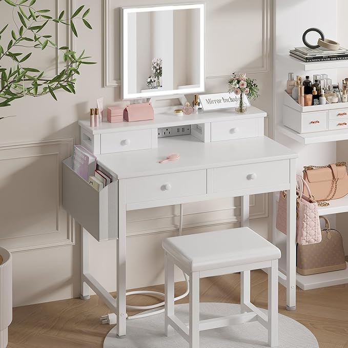 White Makeup Vanity Desk with Mirror and Lights, Vanity Set with Chair, Make Up Dresser Table with Drawers and Power Outlet for Girls Bedroom Small Space