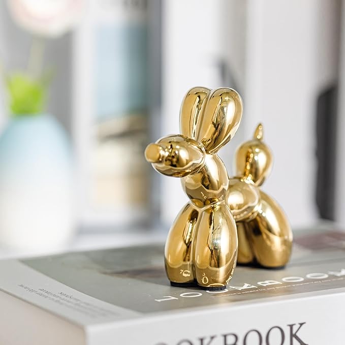 Creative Balloon Dog Statues Small Ceramic Animal Sculpture Modern Home Decor Living Room Desktop Decorations Bedroom Office Cabinet Ornament (Gold)
