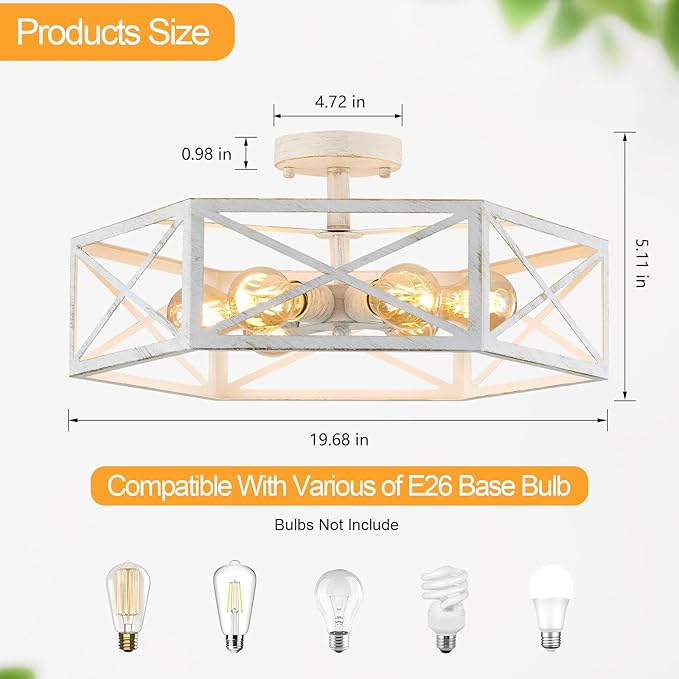 White Flush Mount Ceiling Light, 6 Light Flush Mount Light Fixture, Modern Close to Ceiling Light with Metal Hexagon Cage, Farmhouse Light Fixture for Hallway, Kitchen, Bedroom