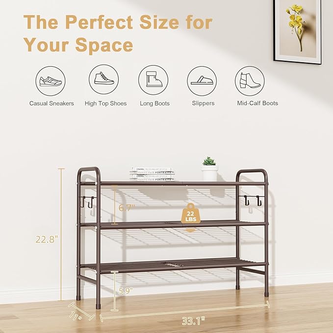 3 Tier Shoe Rack 33" Wide Metal Shoe Organizer Long Shoe Storage with 4 Side Hooks Sturdy Shoes Shelf for Front Door Entrance, Closet, Garage, Dorm, Brown