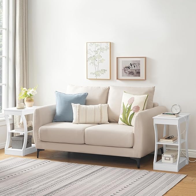 End Table with Charging Station, Set of 2, Side Table with USB Ports and Outlets, 3 Tier Nightstand with Storage Shelf for Small Spaces, Living Room, Bedroom, White ETWT53E01S2