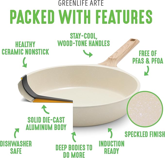 GreenLife Nonstick 2 Piece Frying Pan Set, 9.5" & 11" Skillets Ceramic PFAS-Free Nontoxic, Induction Suitable, Wood Print Handles, Stay-Cool Handles, Deep Cooking Skillets, Egg Pan, Granite Cream