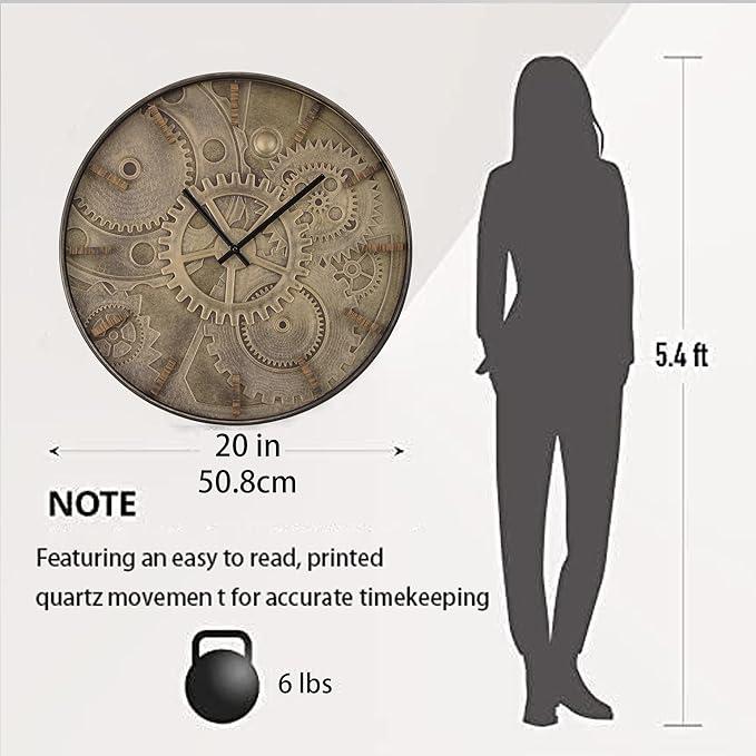 20 Inch Large Wall Clocks for Living Room Decor with Moving Gears,Silent Wall Clock Industrial Steampunk,Decorative Rustic Clocks for Farmhouse Home Battery Operated