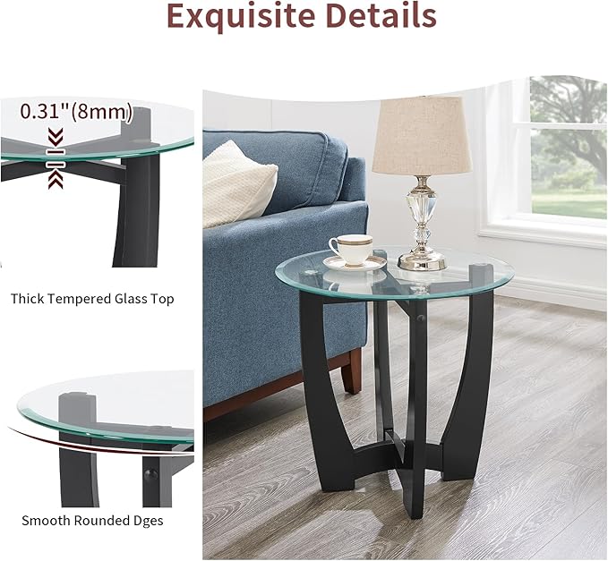 Glass End Table, 23.5" Round Side Tables with Tempered Glass Top Cross and Solid Wood Base Small Night Stand for Living Room Office Apartment Black
