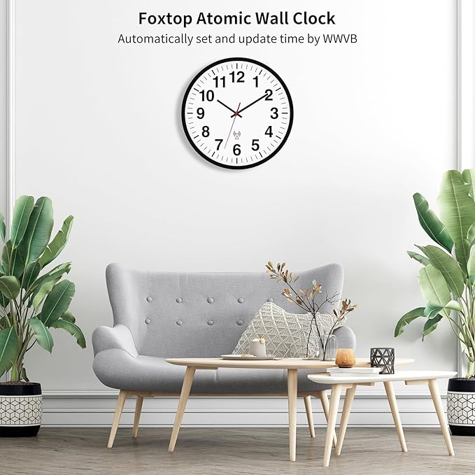 Foxtop Atomic Analog Wall Clock 12 Inch Battery Operated Round Modern Wall Clock Sets Automatically for Office Classroom Bedroom Kitchen Living Room (Black)