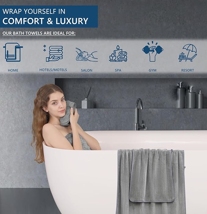 18 Piece Bath Towels Set,Ultra Soft Family Bathroom Towel Set with Hanging Loops-6 Bath Towels,6 Hand Towels,6 Washcloths,Highly Absorbent Quick Dry Shower Towel for Bathroom,Hotel,Spa-Grey Towel Set