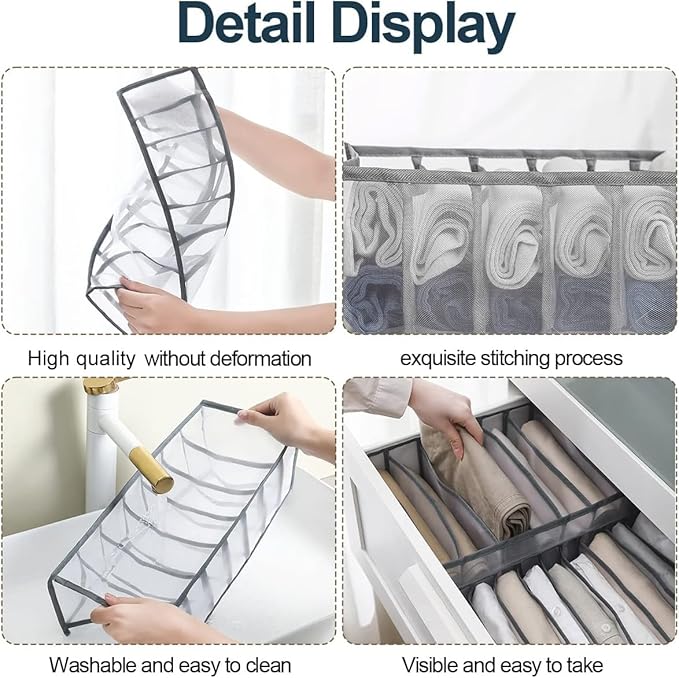 KesaPlan 3Pcs Wardrobe Clothes Organizer, 7/7/9 Grids Visible Foldable Closet Organizers, Compartment Storage Box with Mesh Separation, Washable Drawer Dividers Organizers (Pants+T-Shirt+Legging)