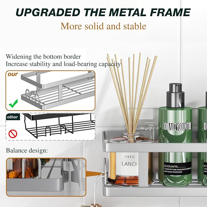 Adhesive Shower Caddy,Shower Shelves with Soap Holder and 12 Hooks,Rustproof No Drilling Bathroom Organizer and Storage,Silver,3 Pack