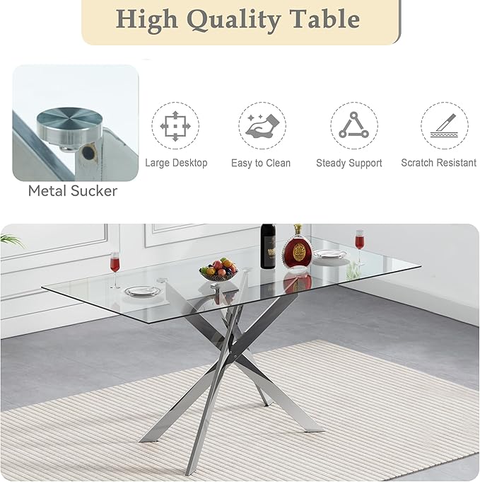 51'' Silver Glass Dining Table Set for 6,7 Piece Kitchen Table and Chairs Set with Metal Legs and 6 PU Leather Dining Chairs for Kitchen Room Small Spaces