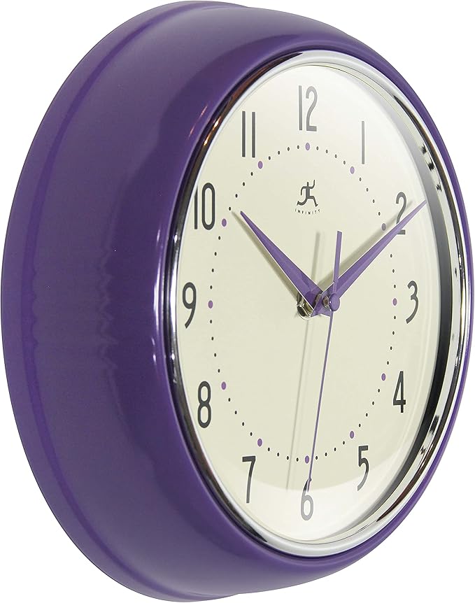 Infinity Instruments LTD. Retro 9 inch Silent Sweep Non-Ticking Mid Century Modern Kitchen Diner Wall Clock Quartz Movement Retro Wall Clock Decorative (Purple)…