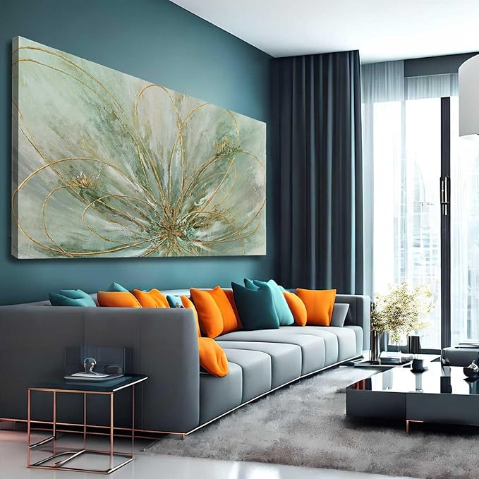 YJYart Abstract Wall Art Green and Gold Hand Painted Oil Painting Blossom Botanical Large Picture for Living Room Bedroom Kitchen Office 30x60 Inch