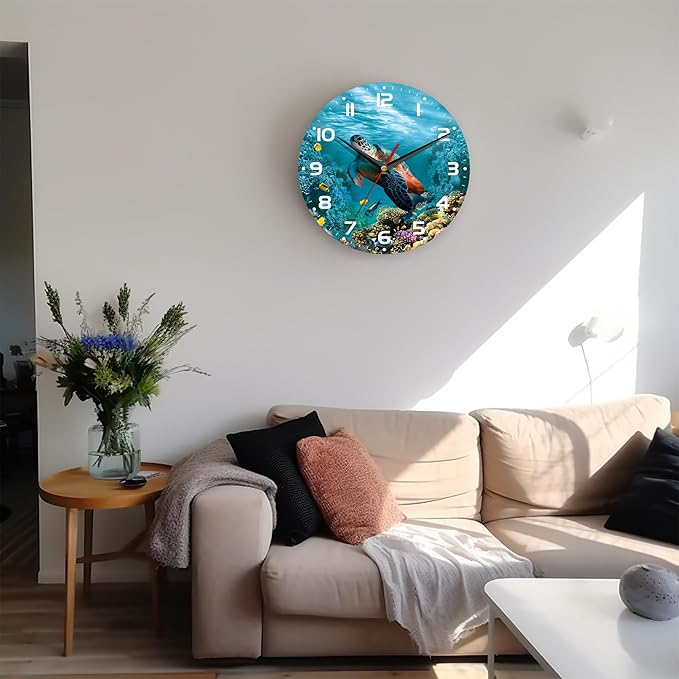 Wall Clock, 10 Inch Silent Non-Ticking Home Kitchen Decor, Battery Operated for Bathroom Bedroom Living Room Office(Sea Turtle Ocean Animals)