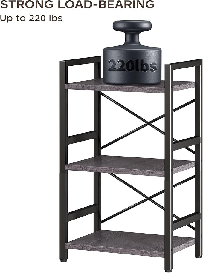 Homeiju Bookshelf, 3 Tier Industrial Bookcase, Metal Small Bookcase, Rustic Etagere Book Shelf Storage Organizer for Living Room, Bedroom, and Home Office(Grey) Patent Pending D29873033