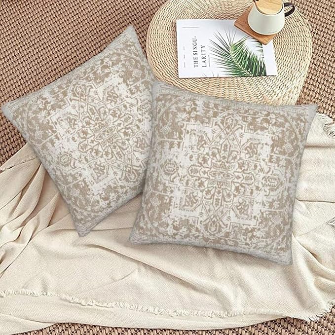 Boho Pillow Covers 22x22 Set of 2, Brown Beige Carpet Pattern Outdoor Decorative Throw Pillows Ethnic Rustic Farmhouse Cushion Cases Linen Gifts for Couch Sofa Decor