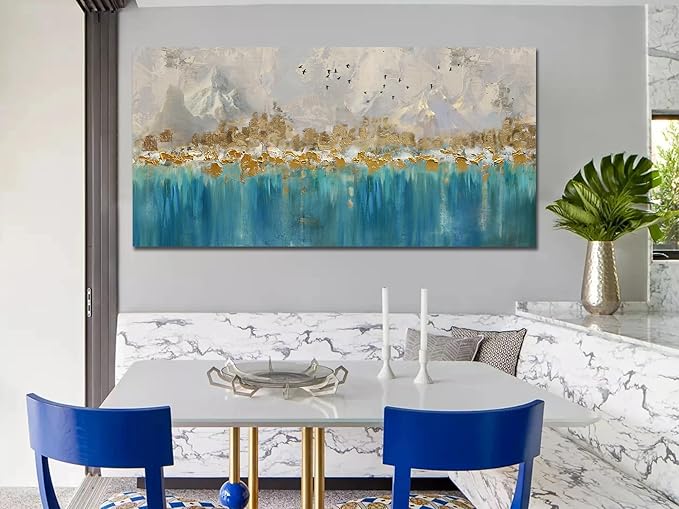 Arjun Teal Gold Abstract Wall Art Blue Turquoise Hand Painted Textured Painting Canvas Modern Grey Artwork Wooden Framed Large Size for Living Room Bedroom Bathroom Home Office Wall Decor, 40"x20"