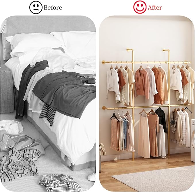 Gold Pipe Clothing Rack Wall Mounted, Industrial Pipe Clothes Racks with 6 Hanging Rods, Heavy Duty Clothing Racks for Laundry Room, Closet Systems for Walk in Closets