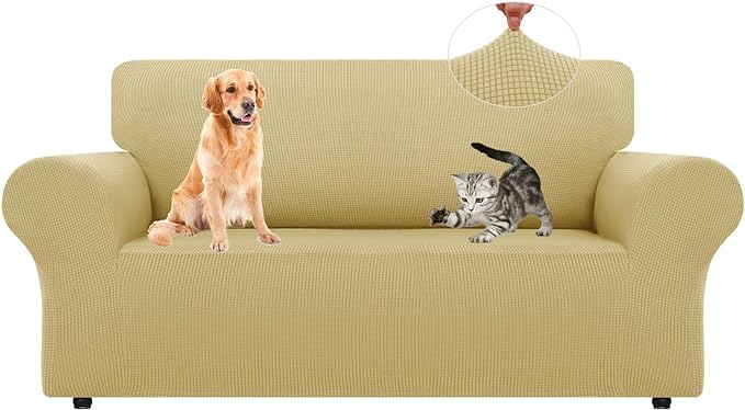 LURKA Stretch Loveseat Sofa Slipcovers 1 Piece Couch Covers for Sofa Furniture Protector Full Sofa Covers with Elastic Bottom for Kids and Dog (Champagne, Medium)