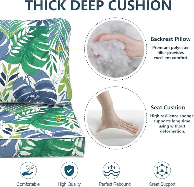 Outdoor Deep Seat Cushions Set 24 x 24 Inch for Patio Furniture,Water Resistant Chair Cushions Replacement Includes Seat Cushion & Back Pillow for Couch, Wicker Chair - Islamorada Blue Green