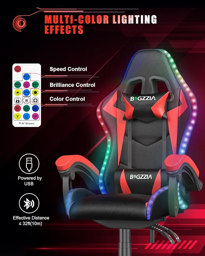Bigzzia Gaming Chair with RGB LED Lights, High Back Ergonomic Computer Gamer Chair with Headrest and Lumbar Support, Racing Style Reclining Game Chair for Adults, Kids(Black/Red)