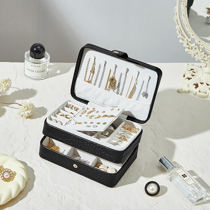 PU Leather Small Jewelry Box for Women Girls, Double Layers Travel Portable Jewelry Case for Ring, Pendant, Earring, Necklace, Bracelet Organizer Storage Holder Boxes, Black