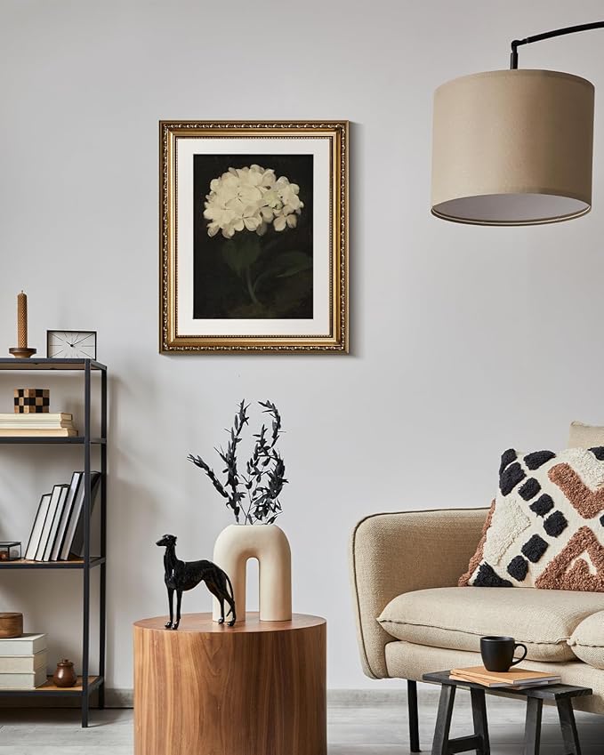 VIYYIEA Gold Framed Wall Art Canvas Print Home Decor Vintage Flower Prints Room Aesthetic White Hydrangea Oil Painting Picture Gifts Bedroom Bathroom Floral Wall Decor Kitchen Farmhouse Office 13x16in