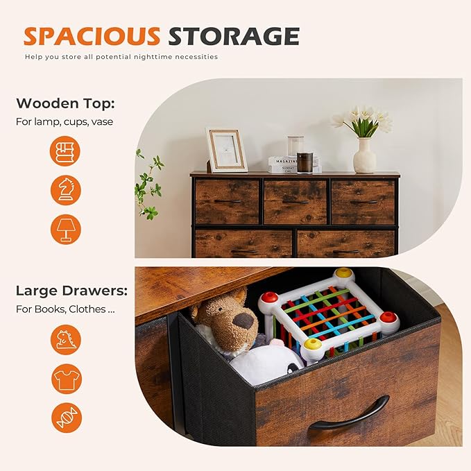 Sweetcrispy Dresser with 9 Drawers for Bedroom, Fabric Dresser Storage Tower, Chest of Drawers Organizer Unit, Storage Cabinet for Hallway, Closets, Steel Frame, Wood Top