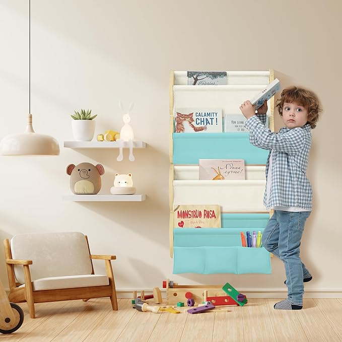 Wooden Wall Mounted Bookshelf for Kids Rooms, 4 Tier Floating Nursery Book Shelf, Kids Bookshelf with 2 Pockets, Toddler Sling Book Rack with Deep Sleeves (Blue)