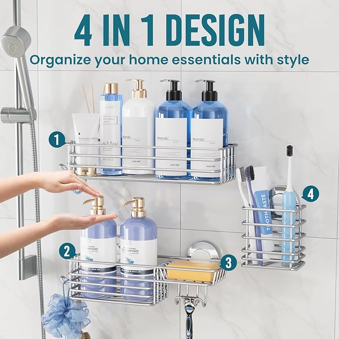 TAILI Shower Caddy Suction Cup, 3 Pack Shelves for Inside with Hooks & Soap Holder Toothbrush Cups, Removable Bathroom Organizer, Rustproof Black Holder Storage-Silver