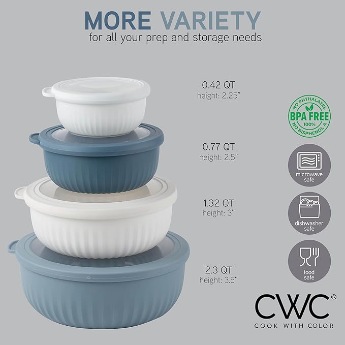 COOK WITH COLOR Prep Bowls with Lids- Wide and Deep Nesting Plastic Small Mixing Bowl Set with Lids, 8 Piece Set - Wide Bowls, Blue/Grey