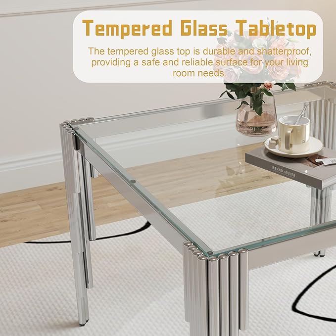35" Square Glass Dining Table for 2-4, Modern Silver Tempered Glass Kitchen Table with Stainless Steel Legs for for Small Space, Kitchen, Living Room