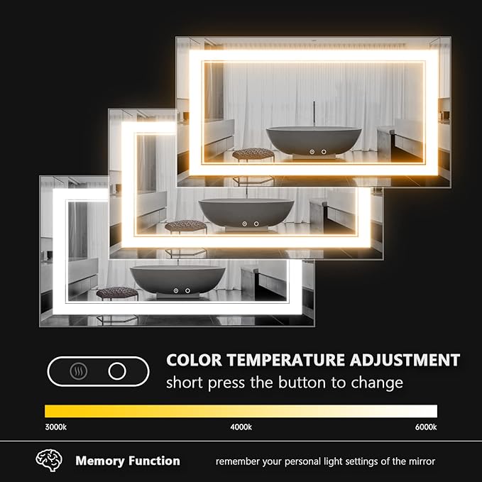 55" x 30" LED Bathroom Mirror Wall-Mounted Vanity Mirror with Anti Fog,Dimmable Waterproof Smart Touch Button Makeup Mirror with Lights Vertical & Horizontal
