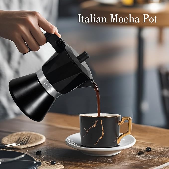 Moka Pot, 6-Cup Espresso Maker, 300ml Portable Stovetop Espresso Maker, Percolator Coffee Pot Compatible with Induction Cooktops, Suitable for Home and Camping (Black)