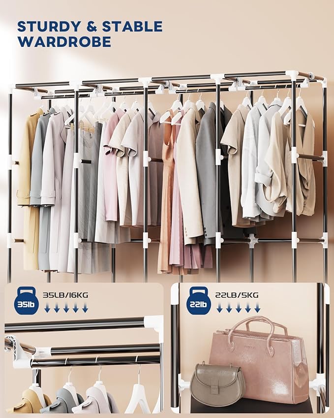 Mavivegue Clothes Organizer with 4 Hanging Rods, Portable Closet Wardrobe, Non-Woven Fabric Cover, Large Capacity Storage for Bedroom and Living Room,Black, 67" W x 17" D x 67" H