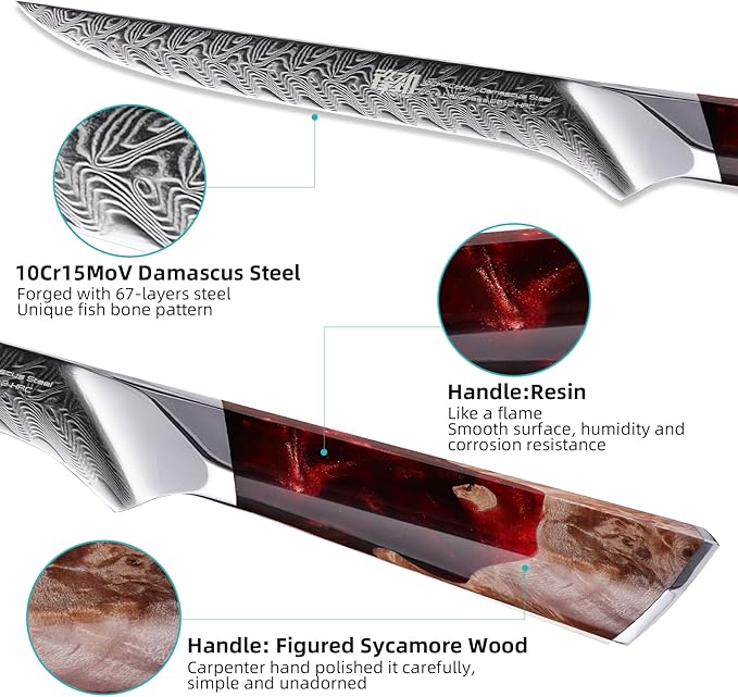 FINDKING Nebula Series Boning Knife, Versatile Deboning Knife, 10Cr15CoMov Damascus Steel Blade, Resin and Figured Sycamore Handle, Full Tang, 5.5 Inch, Red, for Skinning, Removing Fat, Filleting