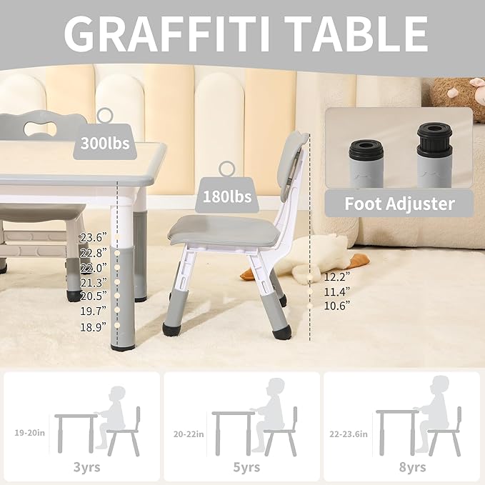 Kids Table and 4 Chairs Set, Height Adjustable Toddler Table and Chairs Set with Rubber Foot Covers, Graffiti Desktop Children Activity Table for Ages 2-10, Daycare, Classroom