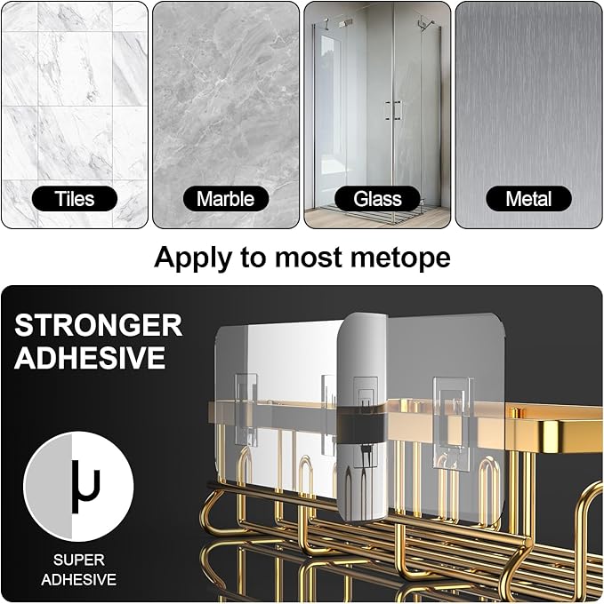 2025 New Adhesive Shower Caddy, Shower Shelves with 16 Hooks, Golden 2 Pack