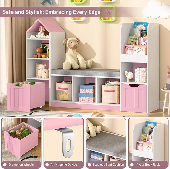 Kids Bookcase and Bookshelf with Reading Nook, Toy Storage Organizer for Kids, Pink Bookcase with 7 Storage Cubbies 2 Movable Drawers and Seat Cushion for Kids Room, Playroom, Bedroom