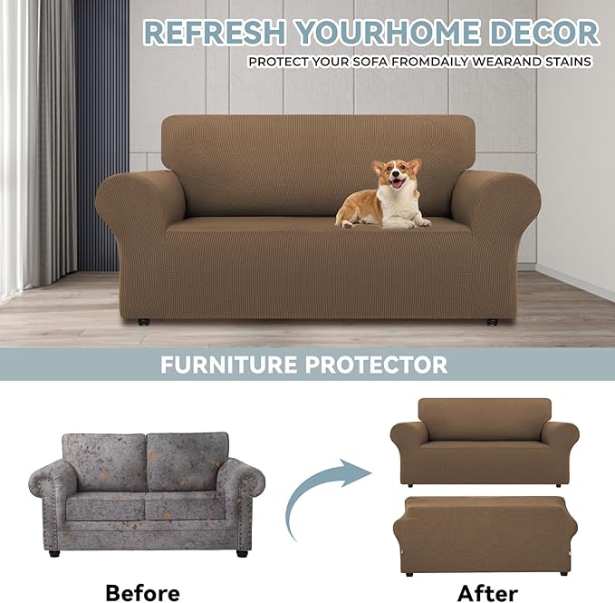 LURKA Stretch Loveseat Sofa Slipcovers 1 Piece Couch Covers for Sofa Furniture Protector Full Sofa Covers with Elastic Bottom for Kids and Dog (Camel, Medium)