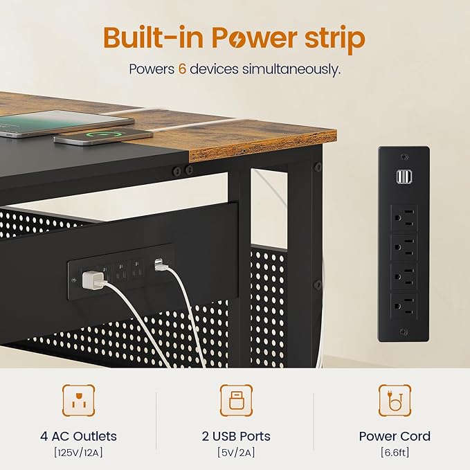 71 in Executive Desk with Power Outlets, Reversible L Shaped Desk with File Drawers & Storage Shelves, Large Office Desk Computer Desk with Pegboard, Mobile CPU Stand, Modern Corner Desk