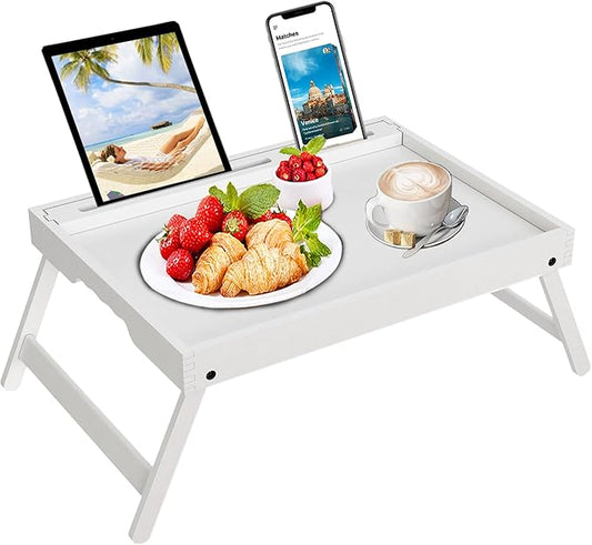 Bed Tray Table with Foldable Legs, Breakfast Food Trays for Eating on Couch with Media Slot for Bed, Eating, TV Tray, Kitchen Serving Tray(White, Medium)
