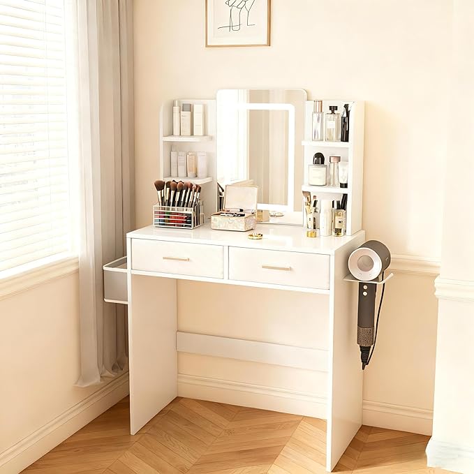 Casaphoria White Vanity Desk with 3-Color LED Mirror, 27.5" Makeup Table with Storage Drawers for Bedroom, Vanity Table with Hair Dryer Stand & Non-Woven Storage Bag for Women and Girls