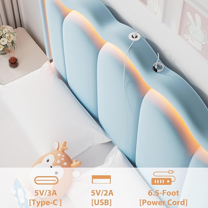 Full Upholstered LED Bed Frame with 2 Storage Drawers and Adjustable Chic Double Wavy Headboard, Velvet Princess Platform Bed with Charing Station, Solid Wood Slats Support,No Box Spring Needed,Blue